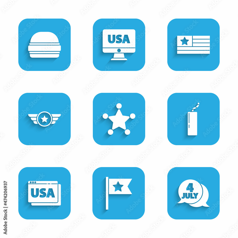 Set Hexagram sheriff, American flag, USA Independence day, Dynamite bomb, on browser, Star military, and Burger icon. Vector Set Hexagram sheriff, American flag, USA Independence day, Dynamite bomb, on browser, Star military, and Burger icon. Vector