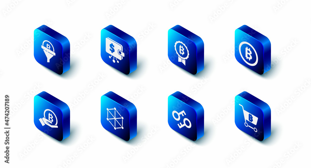 Set Cryptocurrency wallet, Bitcoin, Shopping cart with bitcoin, key, Blockchain technology, Hand holding and Sales funnel icon. Vector Set Cryptocurrency wallet, Bitcoin, Shopping cart with bitcoin, key, Blockchain technology, Hand holding and Sales funnel icon. Vector