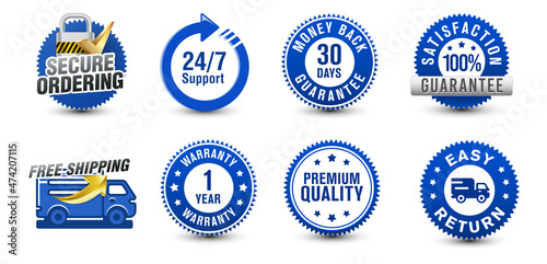 Ecommerce security badge, risk-free, satisfaction guarantee shopping experience icon badge collection isolated on white background. vector design. 
