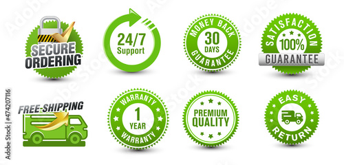 Ecommerce green-colored security badges of secure ordering, 24 hours support, 30 days money-back guarantee, and other icons isolated on white background. 
