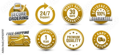 Ecommerce golden-colored security badges of secure ordering, 24 hours support, 30 days money-back guarantee, and other icons isolated on white background. 