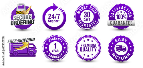 Ecommerce purple-colored security badge, risk-free, satisfaction guarantee shopping experience icon badge collection isolated on white background. vector design. 
