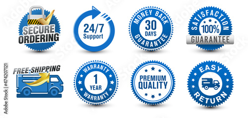 Ecommerce blue-colored online ordering badges for money back, satisfaction guarantee, easy return, etc. isolated on white background. 
