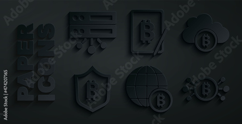 Set Globe Bitcoin, Cryptocurrency cloud mining, Shield with bitcoin, circuit, Mining from tablet and Server icon. Vector