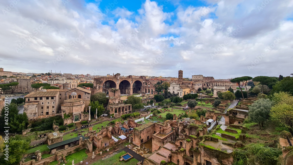 Ancient Roman Forum with beautiful contrast colors after rain