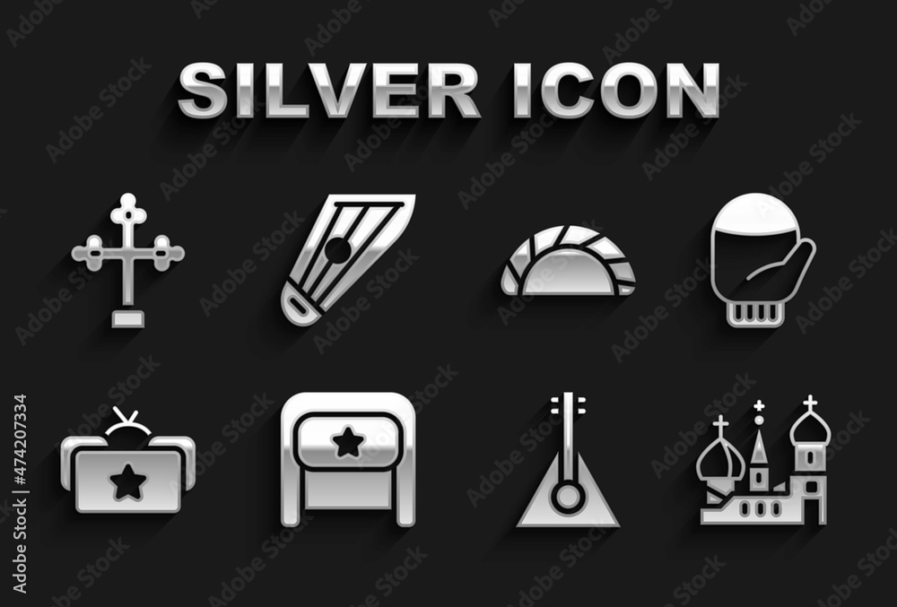 Set Ushanka, Christmas mitten, Saint Basil's Cathedral, Balalaika, Dumpling, Christian cross and Kankles icon. Vector Set Ushanka, Christmas mitten, Saint Basil's Cathedral, Balalaika, Dumpling, Christian cross and Kankles icon. Vector