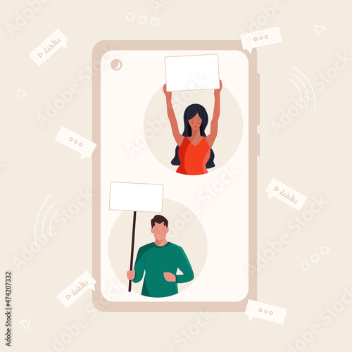Group of people protesters of different nationalities with placards in hands in smartphone in flat style vector illustration