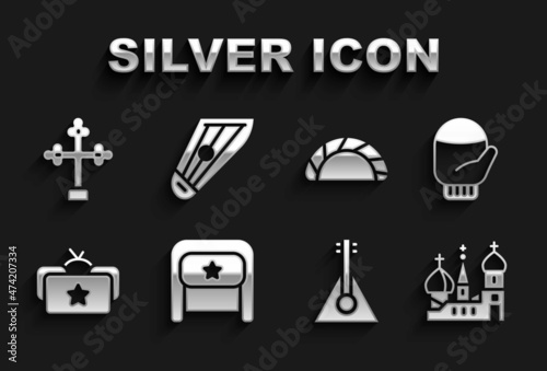 Set Ushanka, Christmas mitten, Saint Basil's Cathedral, Balalaika, Dumpling, Christian cross and Kankles icon. Vector