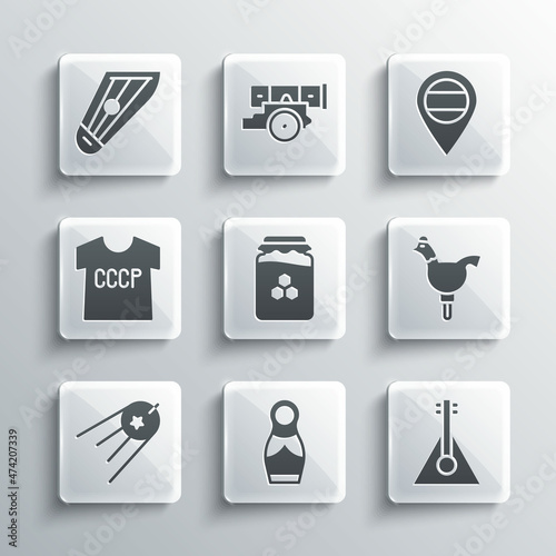 Set Russian doll matryoshka, Balalaika, Cockerel lollipop, Jar of honey, Satellite, USSR t-shirt, Kankles and Location icon. Vector