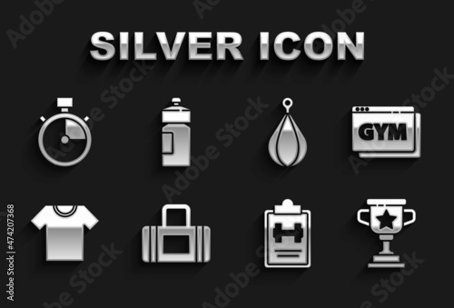 Set Sport bag, Online fitness and training, Award cup, program, T-shirt, Punching, Stopwatch and Fitness shaker icon. Vector