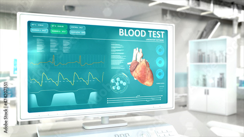 blood test on monitor in high tech clinic room . conceptual industrial 3D rendering