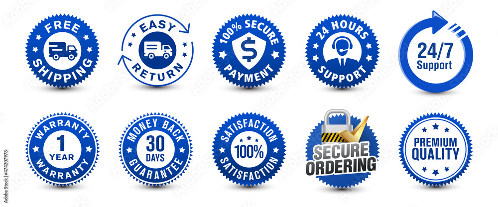 Free shipping, easy return, customer support along with various important  blue colored badges isolated on white background for e-commerce and online  shipping experience. vector design. Stock Vector | Adobe Stock