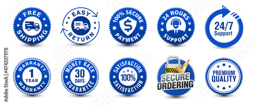 Foto Free shipping, easy return, customer support along with various important blue colored badges isolated on white background for e-commerce and online shipping experience