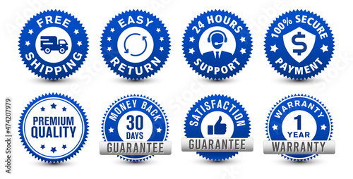 Money back, warranty, 24-hour support, etc. different types of online e-commerce security sky blue badges isolated on white background. 
