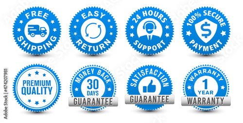 Money back, warranty, 24-hour support, etc. different types of online e-commerce security blue badges isolated on white background. 
