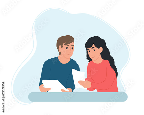 A man and a woman are reading a document at the table, looking at the documents.
The couple pays their bills.
A man and a woman are reading a letter. Flat vector illustration