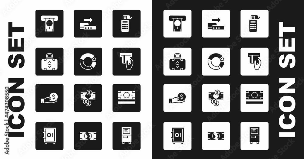 Set Cash register machine, Pie chart infographic, Briefcase and money, ATM, Credit card inserted, Pos terminal, Stacks paper cash and Hand giving icon. Vector Set Cash register machine, Pie chart infographic, Briefcase and money, ATM, Credit card inserted, Pos terminal, Stacks paper cash and Hand giving icon. Vector