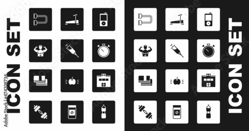 Set Music player, Doping syringe, Bodybuilder muscle, Chest expander, Stopwatch, Treadmill machine, Gym building and Towel stack icon. Vector