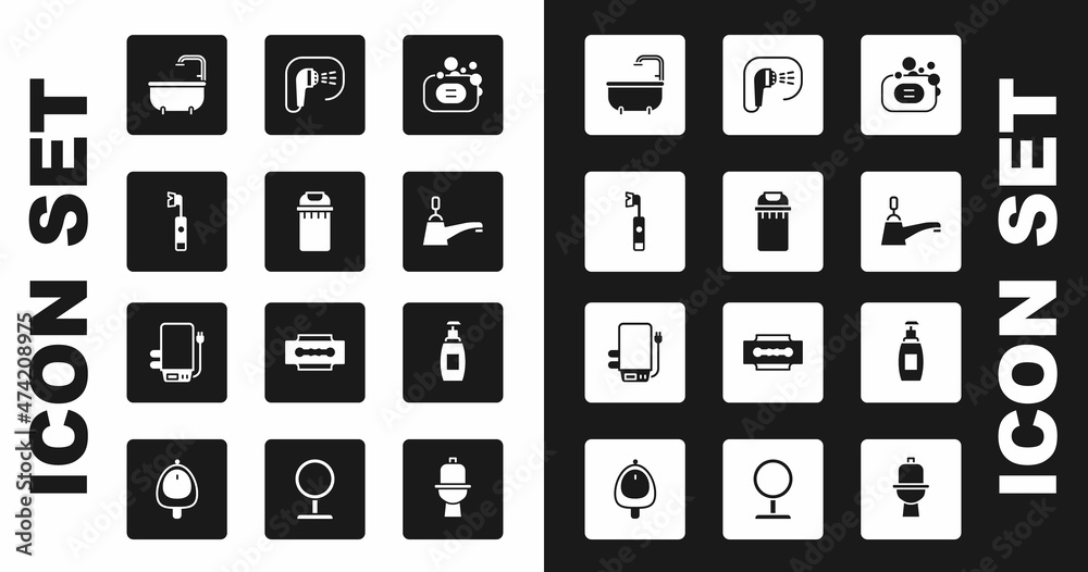 Set Bar of soap, Trash can, Electric toothbrush, Bathtub, Water tap, Shower, Bottle liquid and boiler icon. Vector Set Bar of soap, Trash can, Electric toothbrush, Bathtub, Water tap, Shower, Bottle liquid and boiler icon. Vector