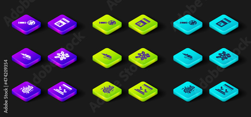 Set Bacteria, Automatic irrigation sprinklers, Experimental mouse, Cell, Jar with additives and DNA research, search icon. Vector