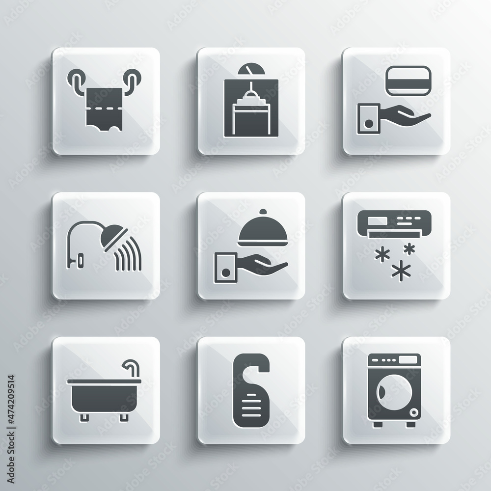 Set Please do not disturb, Washer, Air conditioner, Covered with tray, Bathtub, Shower head, Toilet paper roll and Digital door lock icon. Vector Set Please do not disturb, Washer, Air conditioner, Covered with tray, Bathtub, Shower head, Toilet paper roll and Digital door lock icon. Vector
