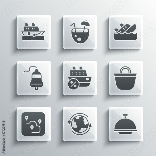 Set Worldwide, Covered with tray, Beach bag, Cruise ship, Route location, Ship bell, and Sinking cruise icon. Vector