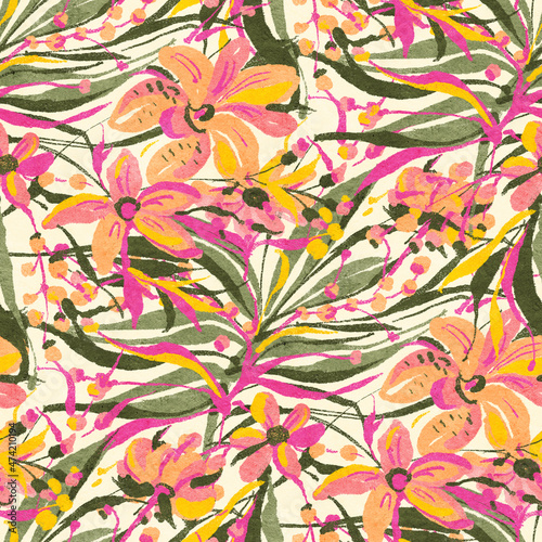 Fototapeta Naklejka Na Ścianę i Meble -  Seamless pattern with bright tropical flowers