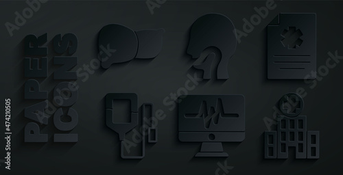 Set Monitor with cardiogram, Clinical record, IV bag, Medical hospital building, Sore throat and Human organ liver icon. Vector