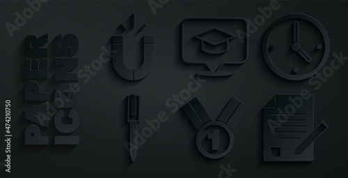 Set Medal, Clock, Pen, Exam sheet and pencil, Graduation cap in speech bubble and Magnet icon. Vector