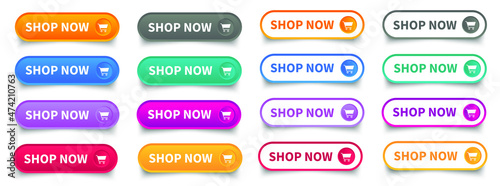 Shop now colourful set button. Buy now modern collection for web site. Vector illustration.
