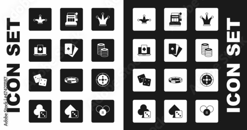 Set Joker playing card, Deck of cards, Online poker table game, Casino chips, Slot machine, roulette wheel and Game dice icon. Vector