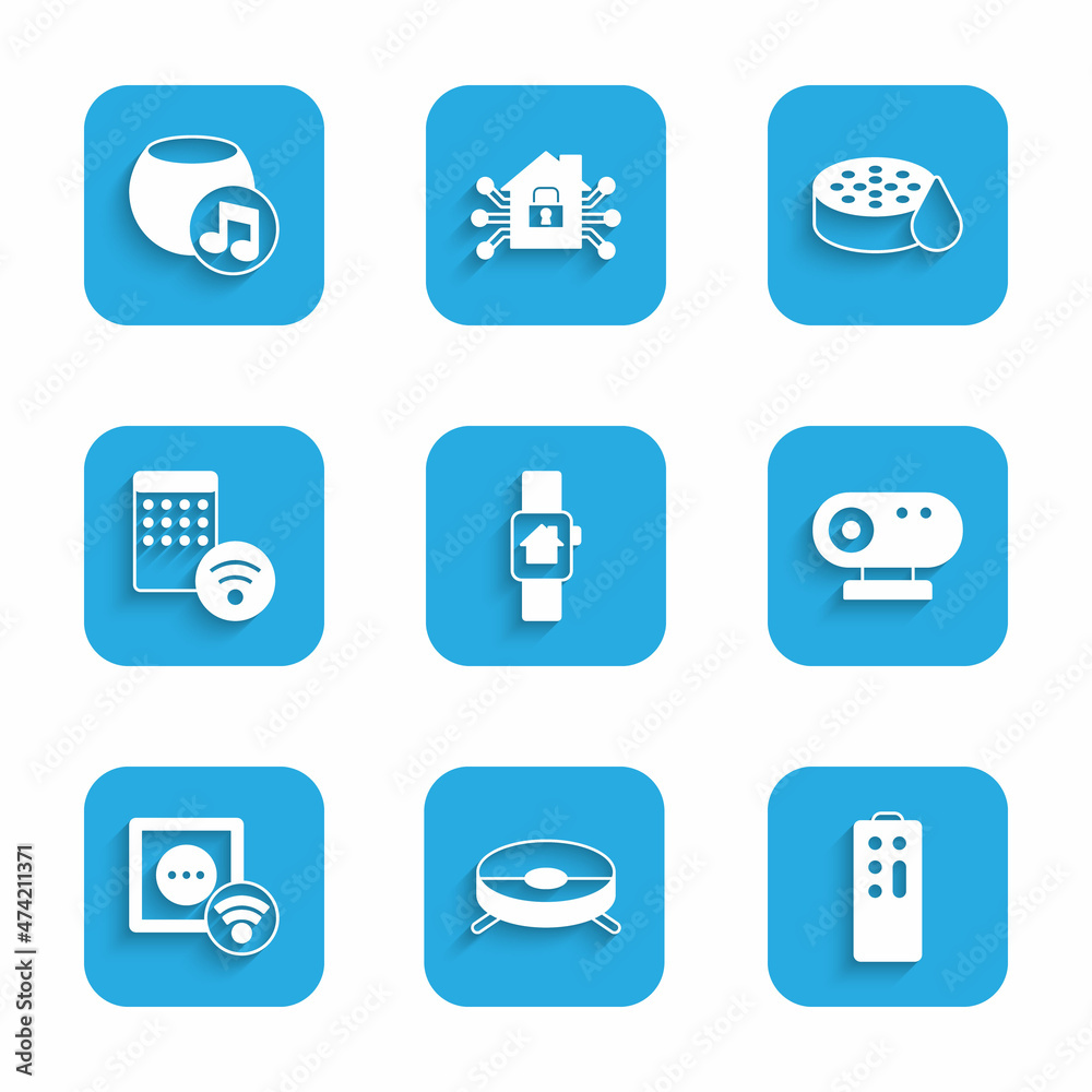 Set Smart home with smart watch, Robot vacuum cleaner, Remote control, Web camera, electrical outlet, Air humidifier, Water sensor and Voice assistant icon. Vector Set Smart home with smart watch, Robot vacuum cleaner, Remote control, Web camera, electrical outlet, Air humidifier, Water sensor and Voice assistant icon. Vector