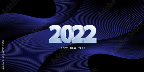 Happy new year 2022. Festive background with 3D numbers and waves. Banner with wavy shapes and lines. Black and blue poster. Vector illustration. Design backdrop, wallpaper. Stock.