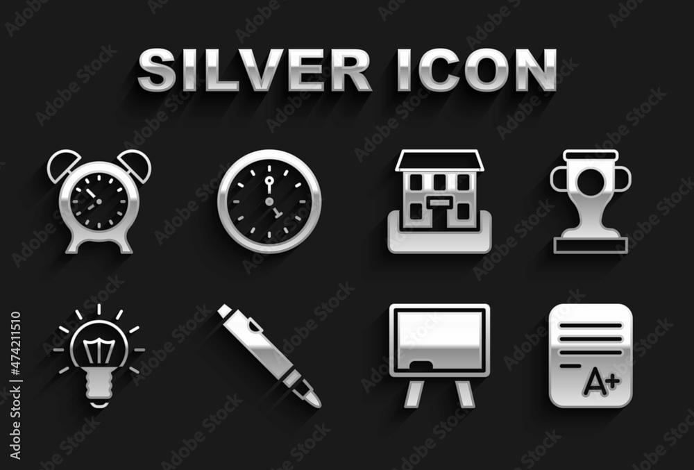 Set Marker pen, Award cup, Exam sheet with plus grade, Chalkboard, Light bulb, School building, Alarm clock and Clock icon. Vector