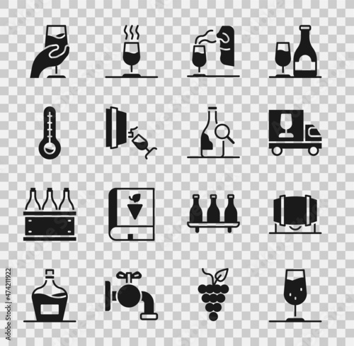 Set Wine glass, Wooden barrel for wine, truck, Sommelier, tasting, degustation, Meteorology thermometer, and Bottle of icon. Vector