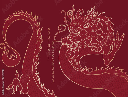 hand drawn long vector dragon in red and gold colours