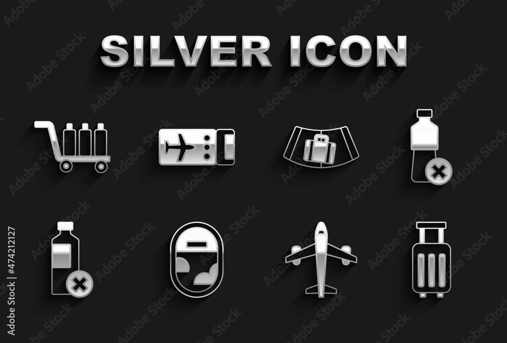 Set Airplane window, No water bottle, Suitcase, Plane, Conveyor belt with suitcase, Trolley baggage and Airline ticket icon. Vector Set Airplane window, No water bottle, Suitcase, Plane, Conveyor belt with suitcase, Trolley baggage and Airline ticket icon. Vector