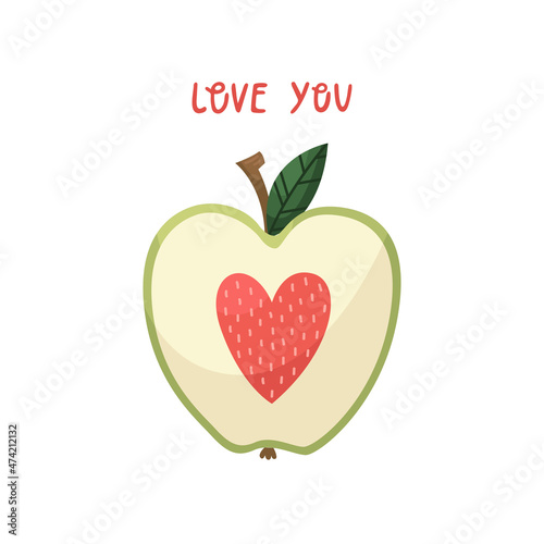 Vector illustration of an apple with a heart instead of a core for Valentine's Day.