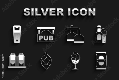 Set Hop, Beer bottle and glass, can, Glass of beer, brewing process, Bottle opener and Street signboard with Pub icon. Vector