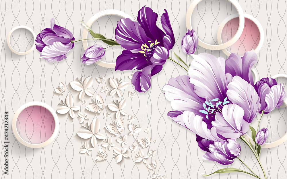 purple flowers with circle wallpaper 3d Stock Illustration | Adobe Stock