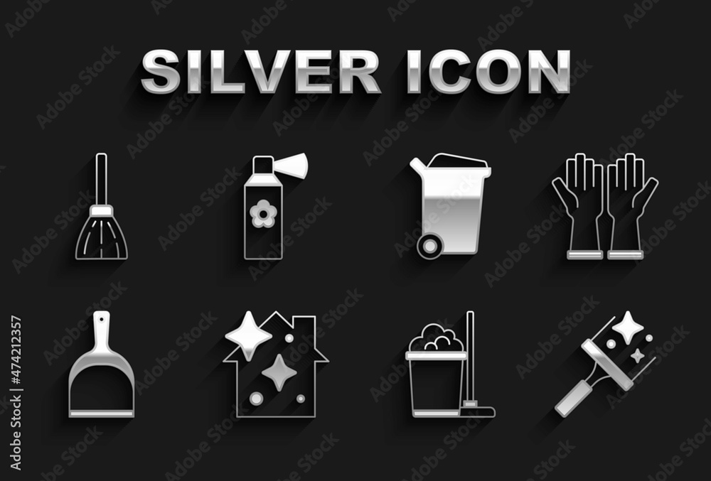 Set Home cleaning service, Rubber gloves, cleaner for windows, Mop and bucket, Dustpan, Trash can, Handle broom and Air freshener spray bottle icon. Vector Set Home cleaning service, Rubber gloves, cleaner for windows, Mop and bucket, Dustpan, Trash can, Handle broom and Air freshener spray bottle icon. Vector