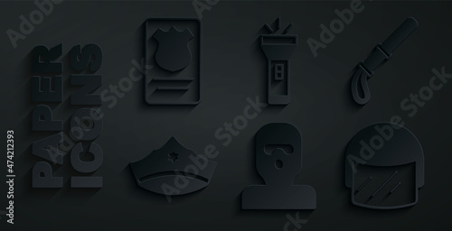 Set Thief mask, Police rubber baton, cap with cockade, helmet, Flashlight and badge id case icon. Vector