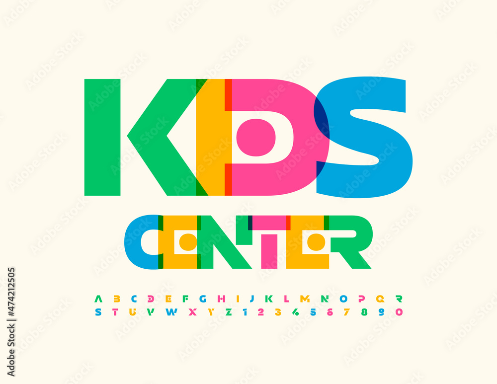 Vector creative emblem Kids Center. Watercolor Alphabet Letters and Numbers set. Trendy style Font