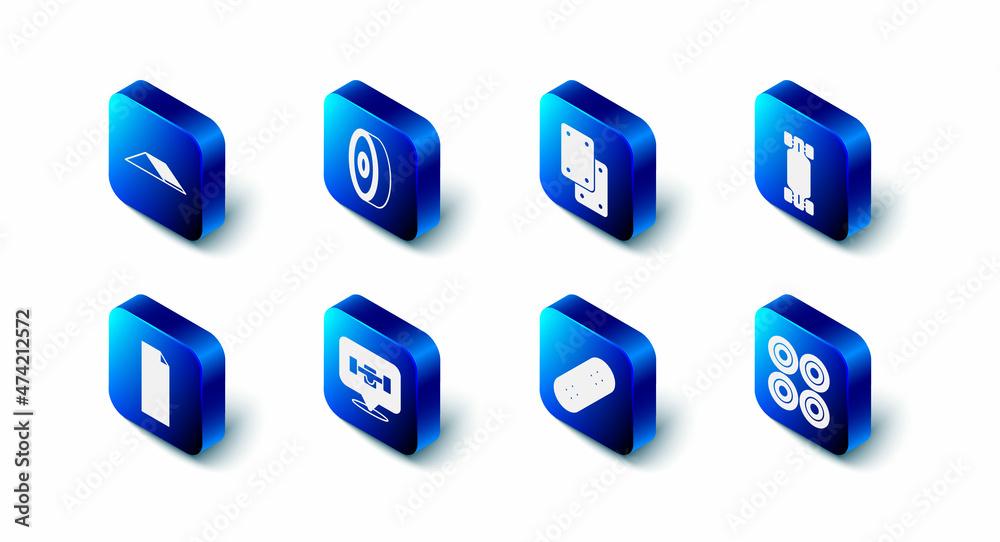Set Skateboard ball bearing, Knee pads, Longboard or skateboard, wheel, Grip tape and park icon. Vector Set Skateboard ball bearing, Knee pads, Longboard or skateboard, wheel, Grip tape and park icon. Vector