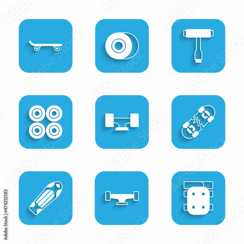 Set Skateboard wheel, Knee pads, Broken skateboard, deck, T tool and icon. Vector