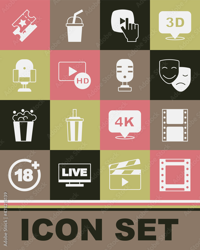Set Play video, Comedy and tragedy masks, Online play, Hd movie, tape, frame, Director chair, Cinema ticket and Microphone icon. Vector Set Play video, Comedy and tragedy masks, Online play, Hd movie, tape, frame, Director chair, Cinema ticket and Microphone icon. Vector