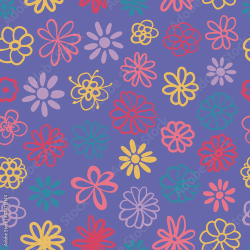Cute retro flowers seamless repeat pattern on very peri background. Random placed, doodled botany plants all over surface print.