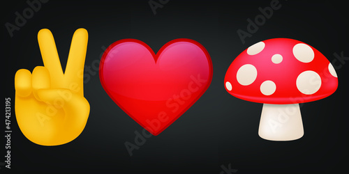 Peace Love and Mushroom Illustration Emoji Design. Motivational Quote Emoticon Vector Symbol.