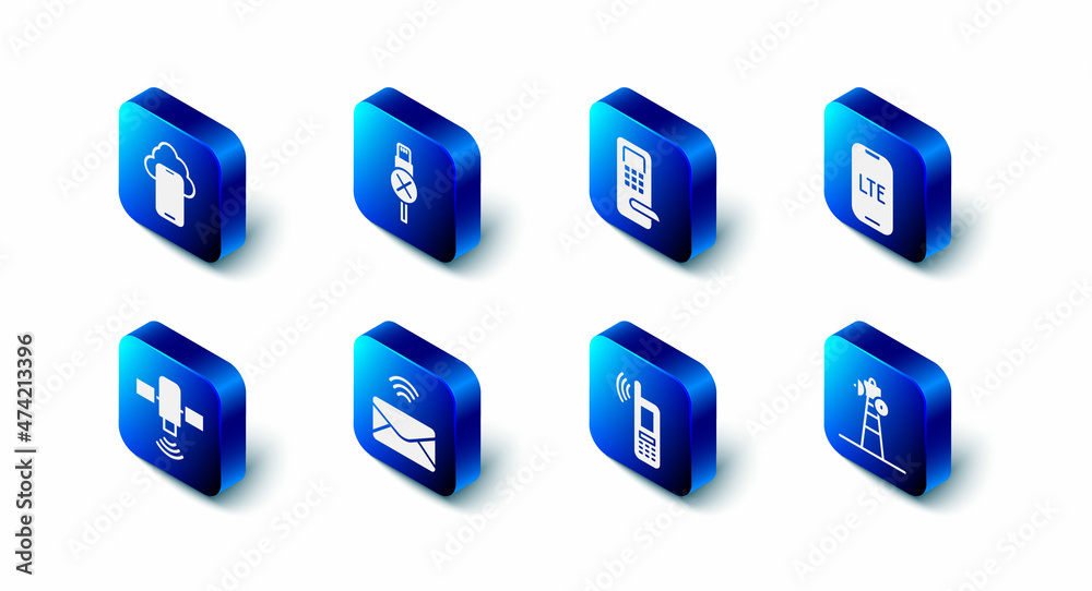 Set No usb cable cord, Digital door lock, LTE network, Satellite dish, Mobile with wi-fi wireless, Mail and e-mail, and Cloud technology data icon. Vector Set No usb cable cord, Digital door lock, LTE network, Satellite dish, Mobile with wi-fi wireless, Mail and e-mail, and Cloud technology data icon. Vector