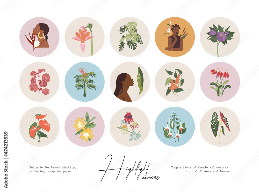 Set of hand drawn botanical and tropical flowers illustrations. Vector set design templates icons and emblems - social media story highlight. Set of hand drawn botanical and tropical flowers illustrations. Vector set design templates icons and emblems - social media story highlight.